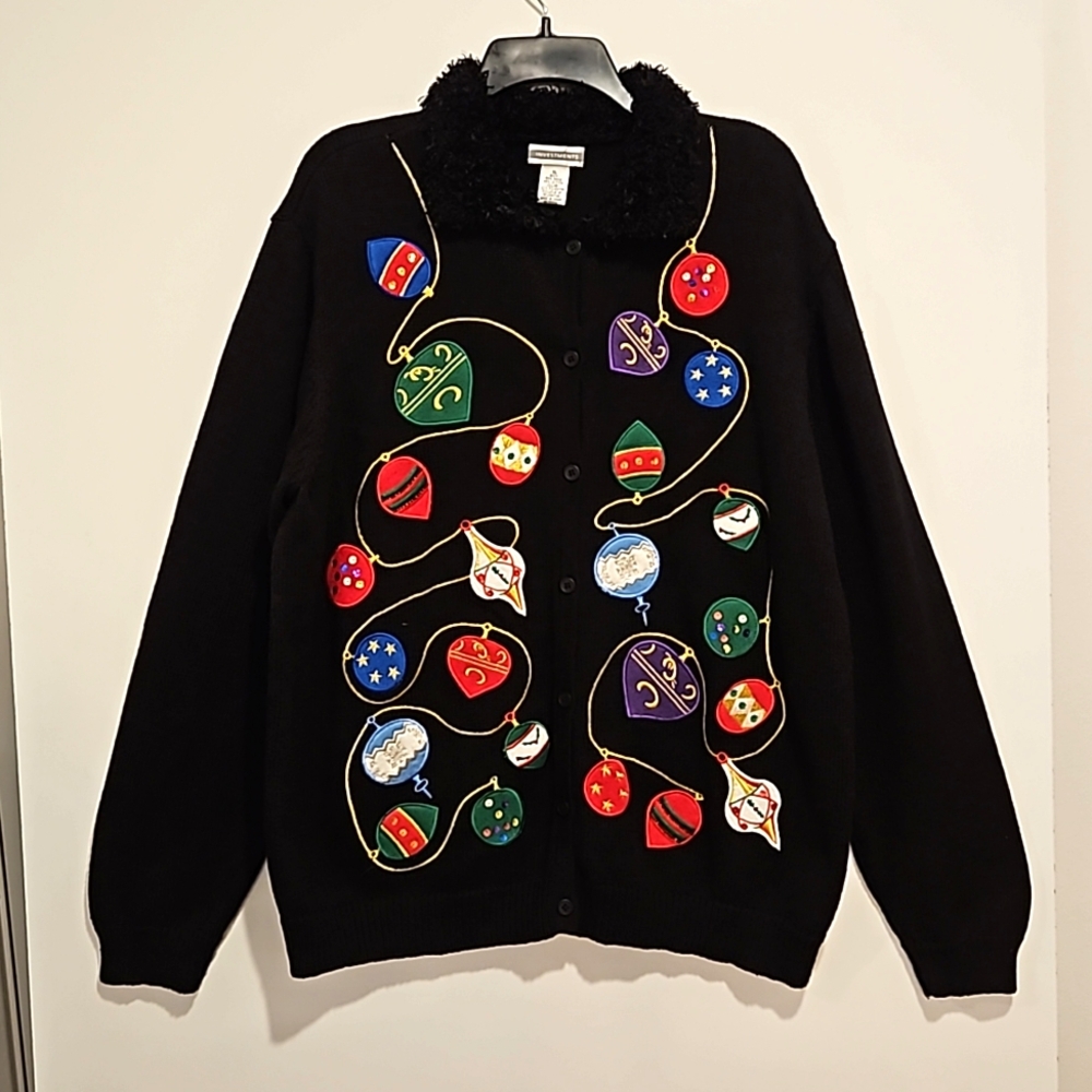 Investments black long sleeve button-down Christmas sweater ornaments XL office
